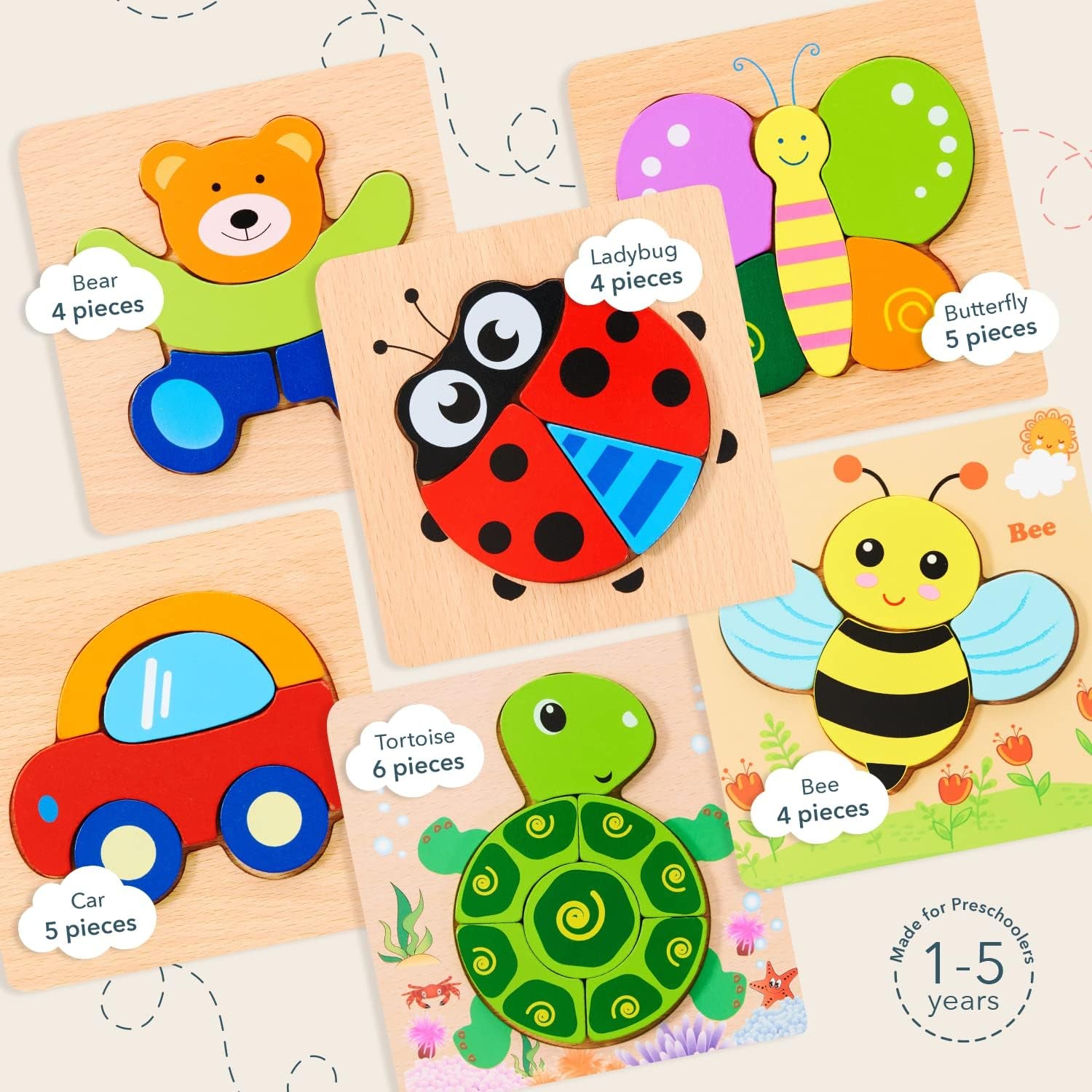 Wood Puzzles for Toddlers 1-3, Set of 6 Montessori Toys for 1 Year Old, Toddler Puzzles, Baby Puzzles with Large Pieces Safe for Kids, Includes Storage Bag and Giftable Box