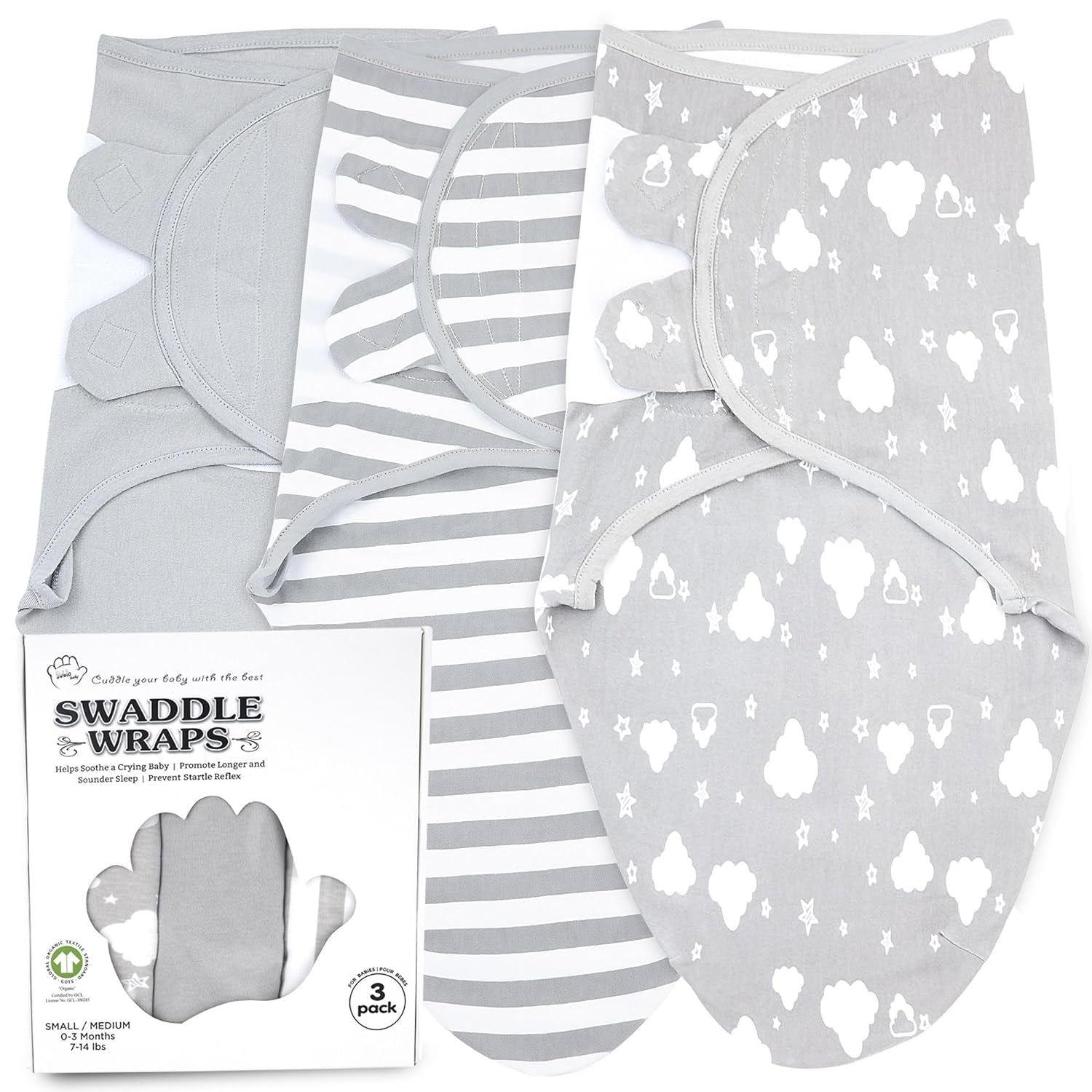 Baby Swaddle Blanket Wrap, 3 Pack Organic Newborn Swaddle Sack, Baby Swaddles 0-3 Months, Swaddles for Newborns, Baby Sleep Sack, Baby Wrap, White Grey