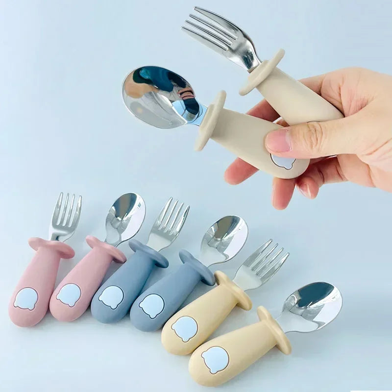 Baby Cartoon Tableware Set Children Utensil Stainless Steel Toddler Dinnerware Cutlery Cartoon Infant Food Feeding Spoon Fork