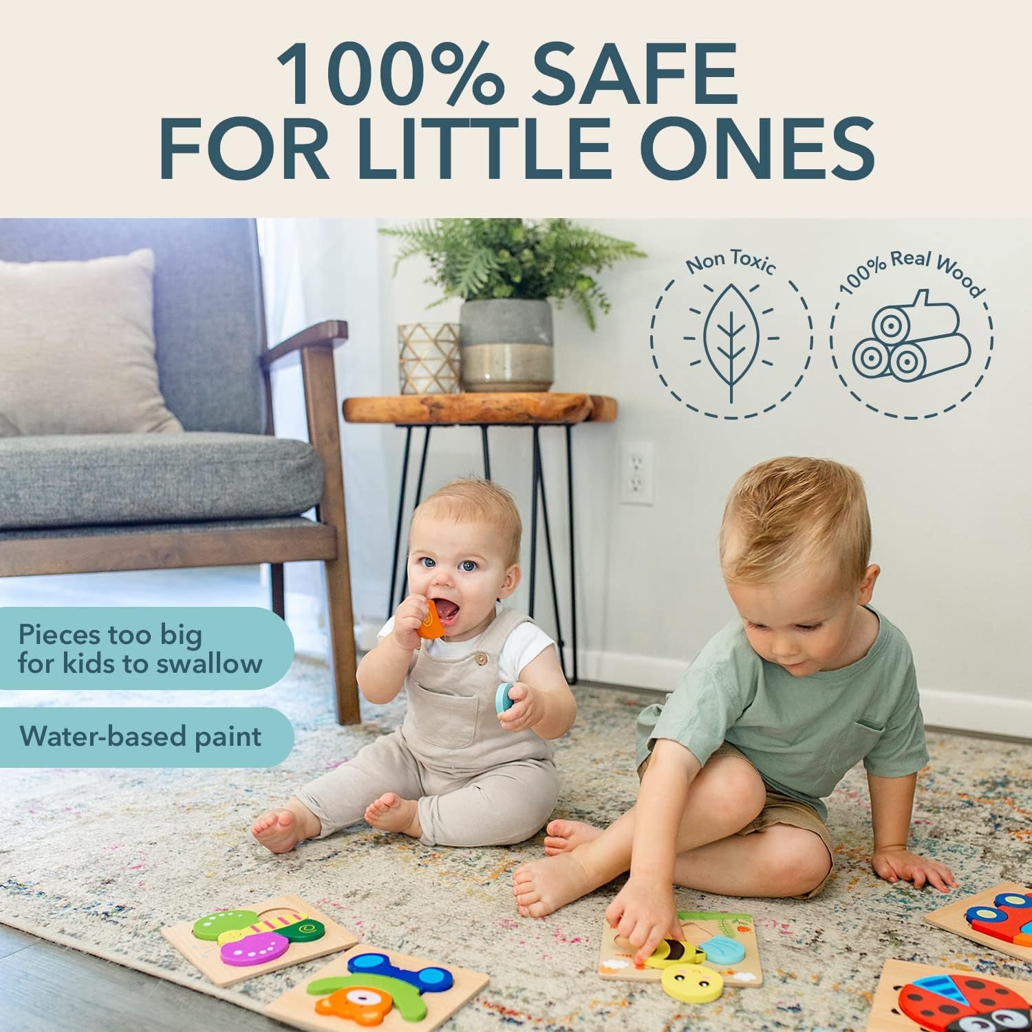 Wood Puzzles for Toddlers 1-3, Set of 6 Montessori Toys for 1 Year Old, Toddler Puzzles, Baby Puzzles with Large Pieces Safe for Kids, Includes Storage Bag and Giftable Box